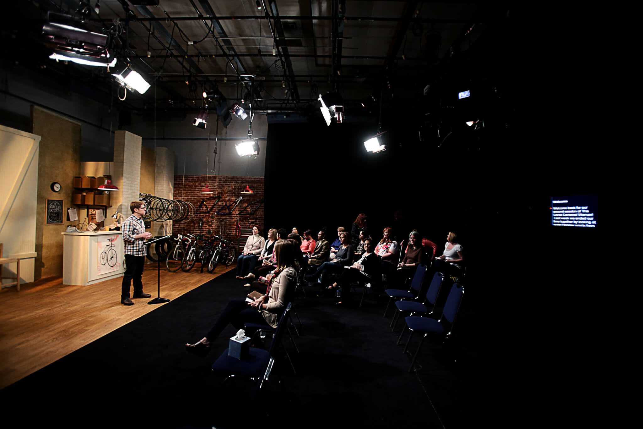 wide-shot of the live studio audience during a video shoot at Kingswood Productions